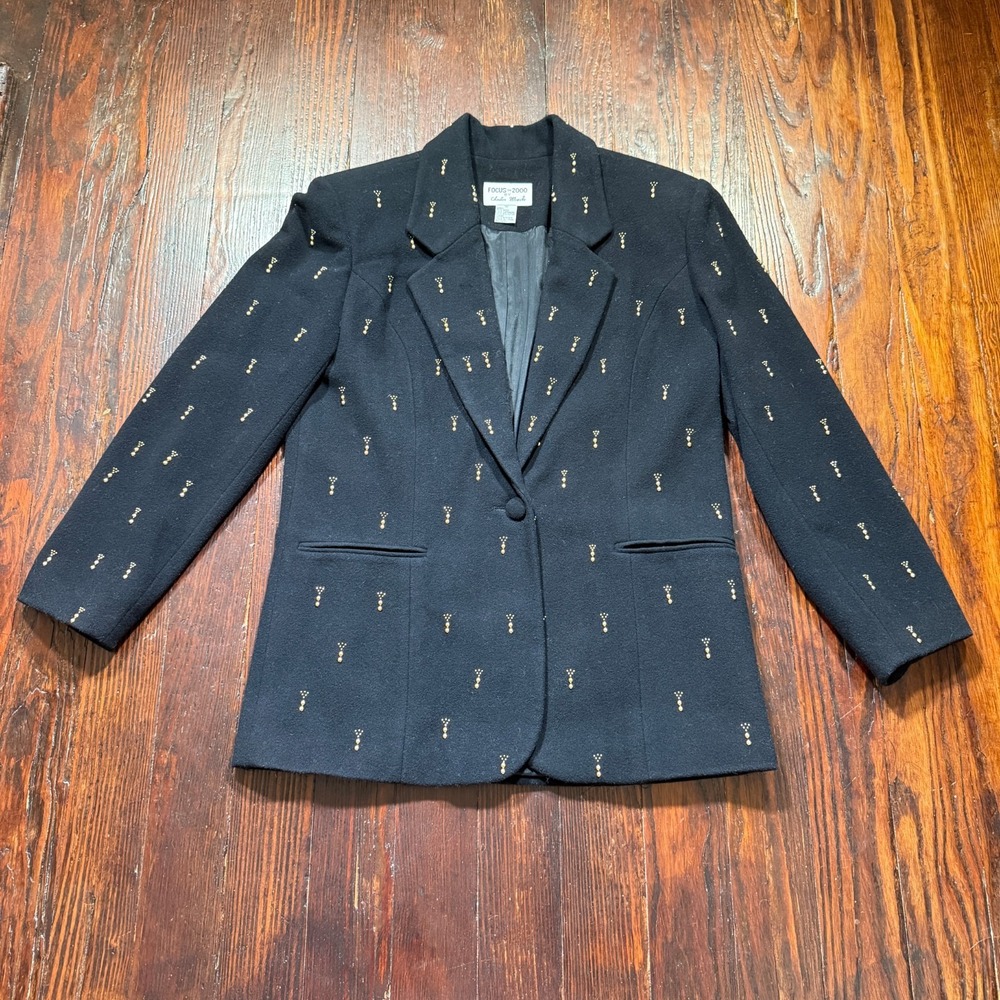Focus 2000 Blazer Jacket Womens 12 Black Wool Cashmere Blend Beaded